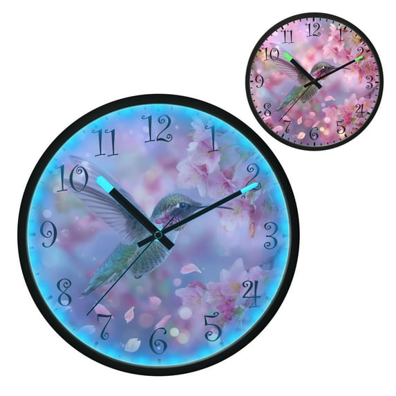 Voice Activated Clock with Glow Light 12 Inch Large Silent Wall Clock Battery Operated for Home Decor Beautiful Pink Hummingbird