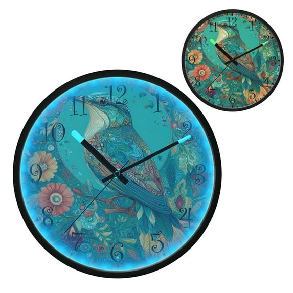 Voice Activated Clock with Glow Light 12 Inch Large Silent Wall Clock Battery Operated for Home Decor Beautiful Psychedelic Bird