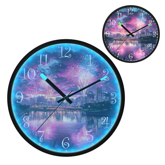 Voice Activated Clock with Glow Light 12 Inch Large Silent Wall Clock Battery Operated for Home Decor Beautiful River with Fireworks