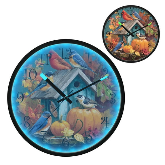 Voice Activated Clock with Glow Light 12 Inch Large Silent Wall Clock Battery Operated for Home Decor Birdhouse and Colorful Birds
