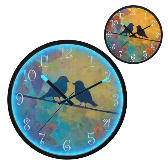 Voice Activated Clock with Glow Light 12 Inch Large Silent Wall Clock Battery Operated for Home Decor Birds on A Wire