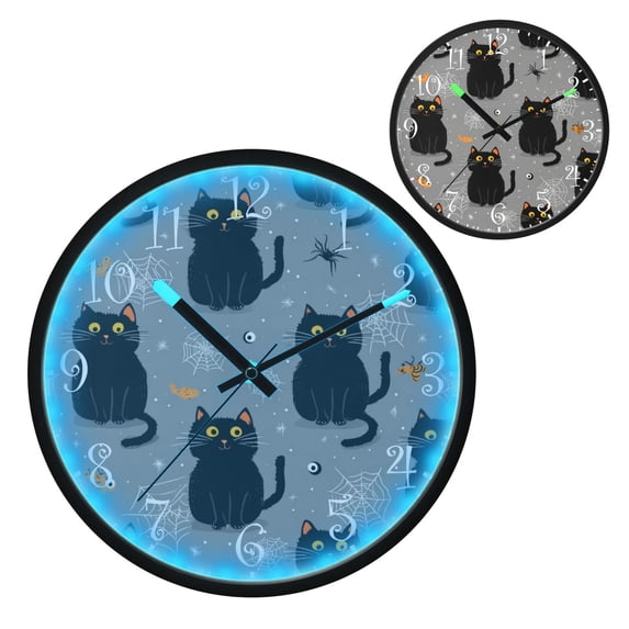 Voice Activated Clock with Glow Light 12 Inch Large Silent Wall Clock Battery Operated for Home Decor Black Cat and Spider Web