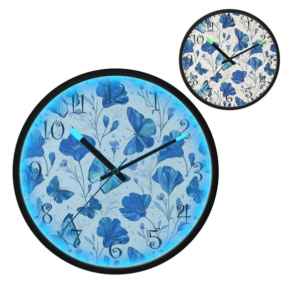 Voice Activated Clock with Glow Light 12 Inch Large Silent Wall Clock Battery Operated for Home Decor Blue Butterfly and Flower