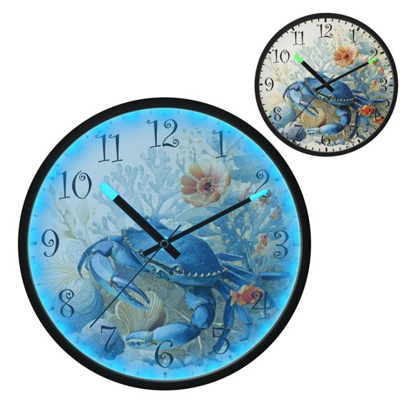 Voice Activated Clock with Glow Light 12 Inch Large Silent Wall Clock Battery Operated for Home Decor Blue Crab and Shells