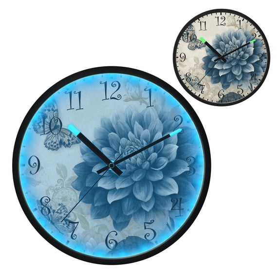 Voice Activated Clock with Glow Light 12 Inch Large Silent Wall Clock Battery Operated for Home Decor Blue Flower with Butterflies