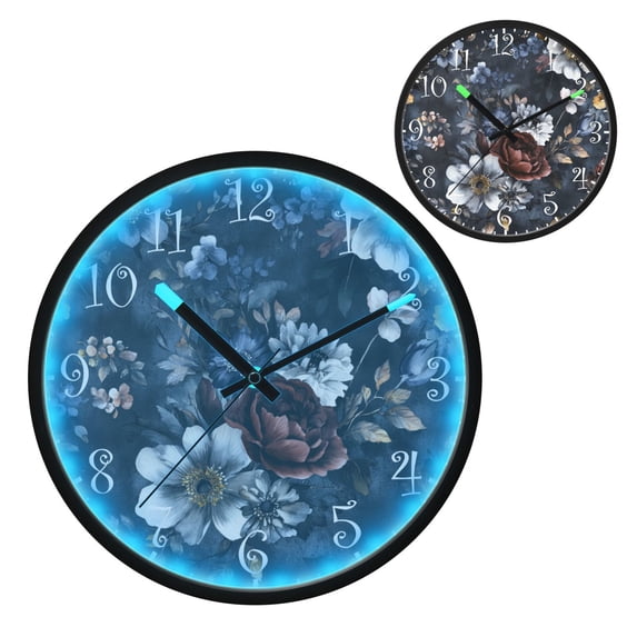 Voice Activated Clock with Glow Light 12 Inch Large Silent Wall Clock Battery Operated for Home Decor Blue Peonies