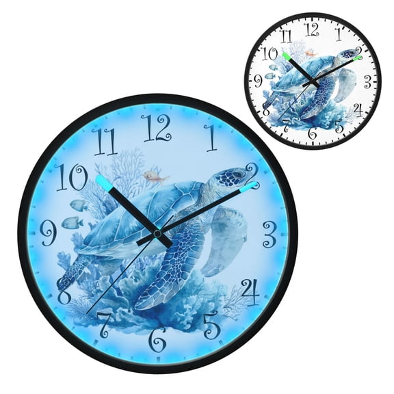 Voice Activated Clock with Glow Light 12 Inch Large Silent Wall Clock Battery Operated for Home Decor Blue Sea Turtle Pattern