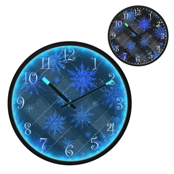 Voice Activated Clock with Glow Light 12 Inch Large Silent Wall Clock Battery Operated for Home Decor Blue Snowflake Pattern