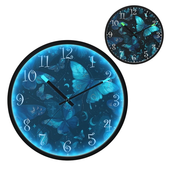 Voice Activated Clock with Glow Light 12 Inch Large Silent Wall Clock Battery Operated for Home Decor Blue-green Butterfly Pattern