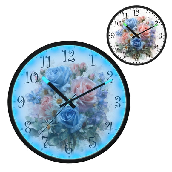Voice Activated Clock with Glow Light 12 Inch Large Silent Wall Clock Battery Operated for Home Decor Blue-pink Roses and Daisies