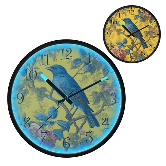 Voice Activated Clock with Glow Light 12 Inch Large Silent Wall Clock Battery Operated for Home Decor Bluebird Surrounded by Flowers