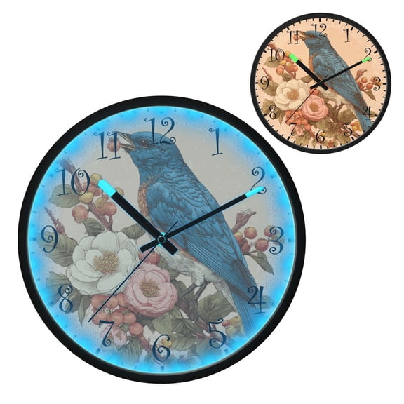 Voice Activated Clock with Glow Light 12 Inch Large Silent Wall Clock Battery Operated for Home Decor Bluebird on Elegant Branch