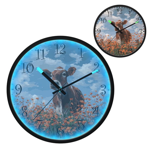 Voice Activated Clock with Glow Light 12 Inch Large Silent Wall Clock Battery Operated for Home Decor Brown Cow
