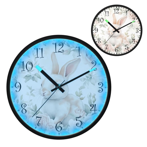 Voice Activated Clock with Glow Light 12 Inch Large Silent Wall Clock Battery Operated for Home Decor Bunny Surrounded by Roses