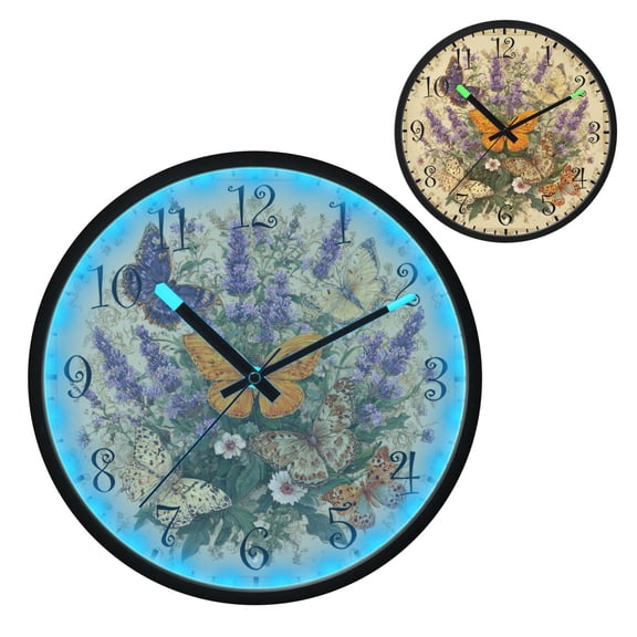Voice Activated Clock with Glow Light 12 Inch Large Silent Wall Clock Battery Operated for Home Decor Butterflies and Lavender Pattern