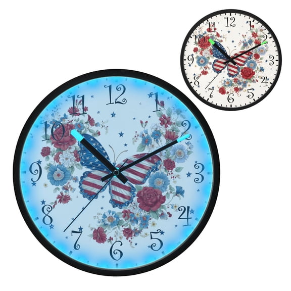 Voice Activated Clock with Glow Light 12 Inch Large Silent Wall Clock Battery Operated for Home Decor Butterfly and Flowers Border