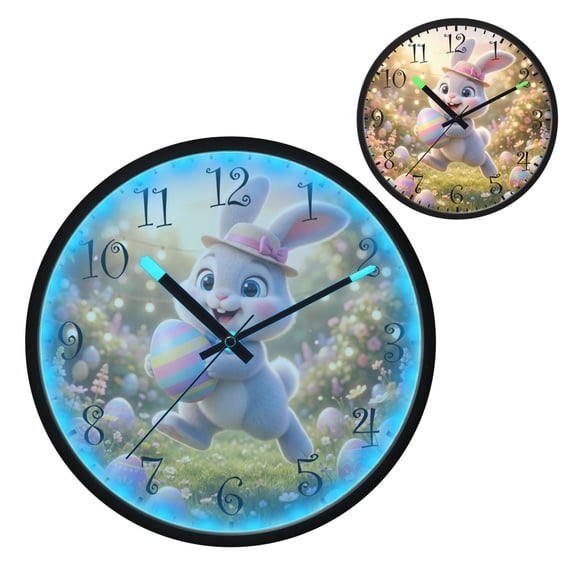 Voice Activated Clock with Glow Light 12 Inch Large Silent Wall Clock Battery Operated for Home Decor Cartoon Joyfully Bunny