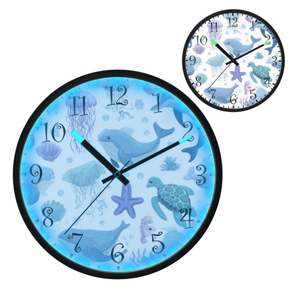 Voice Activated Clock with Glow Light 12 Inch Large Silent Wall Clock Battery Operated for Home Decor Cartoon Sea Animals