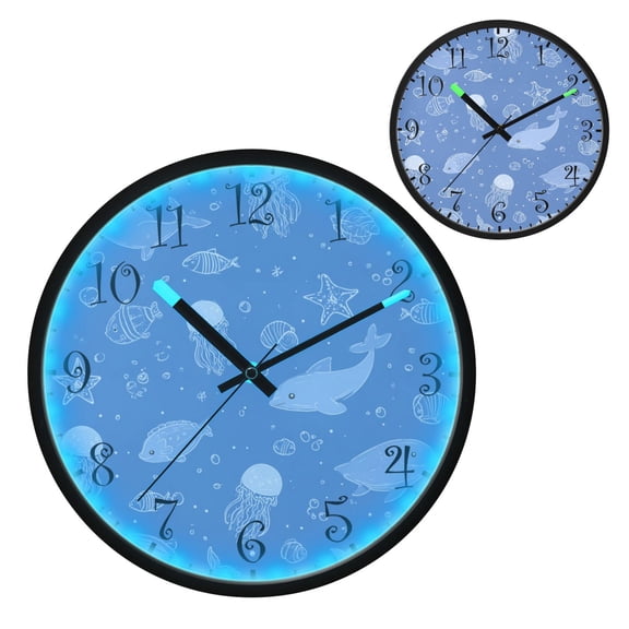 Voice Activated Clock with Glow Light 12 Inch Large Silent Wall Clock Battery Operated for Home Decor Cartoon Sea Creatures Pattern