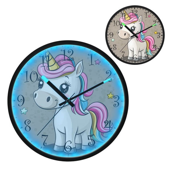 Voice Activated Clock with Glow Light 12 Inch Large Silent Wall Clock Battery Operated for Home Decor Cartoon Unicorn