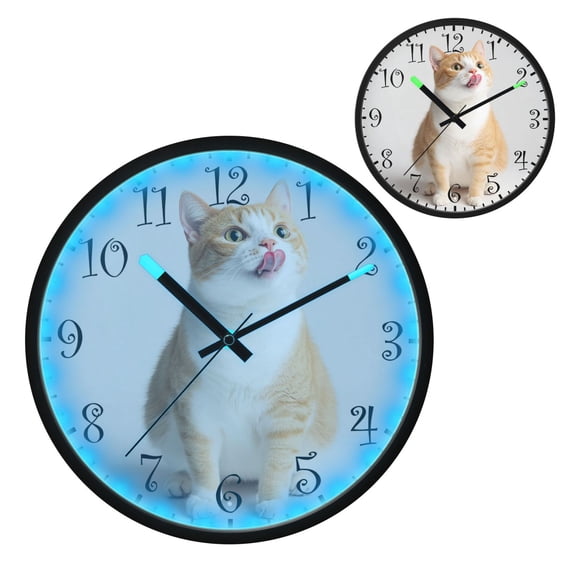 Voice Activated Clock with Glow Light 12 Inch Large Silent Wall Clock Battery Operated for Home Decor Cat Sticking Out Their Tongues