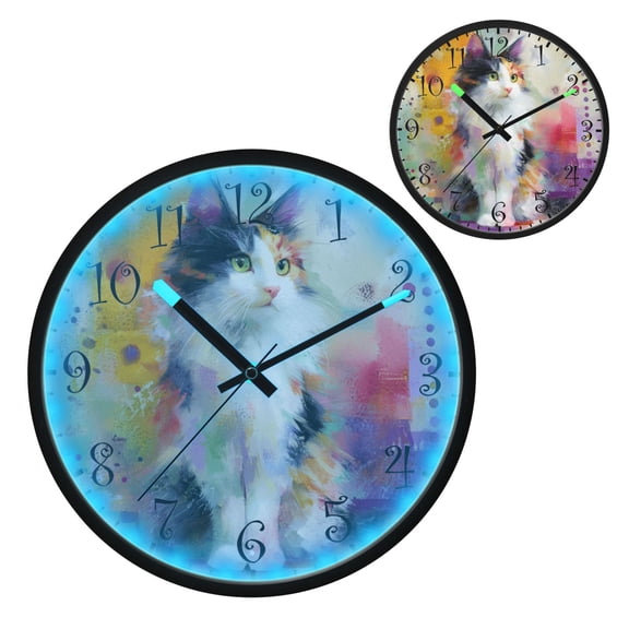 Voice Activated Clock with Glow Light 12 Inch Large Silent Wall Clock Battery Operated for Home Decor Charming Hairy Cat