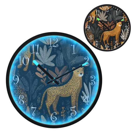 Voice Activated Clock with Glow Light 12 Inch Large Silent Wall Clock Battery Operated for Home Decor Cheetahs and Jungle Foliage Pattern