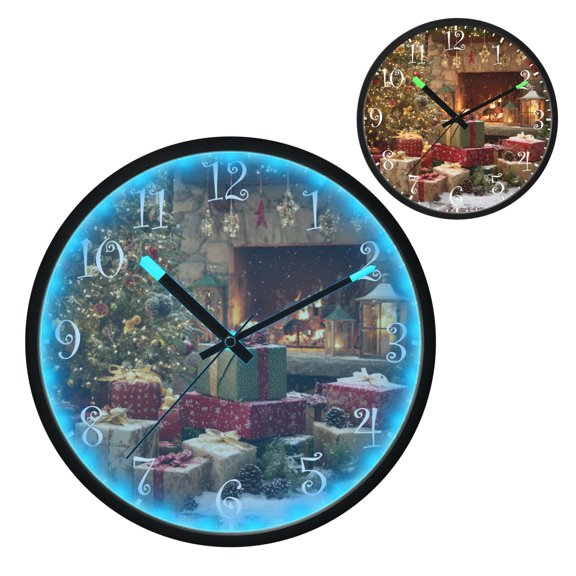 Voice Activated Clock with Glow Light 12 Inch Large Silent Wall Clock Battery Operated for Home Decor Christmas Tree and Pile Of Gifts