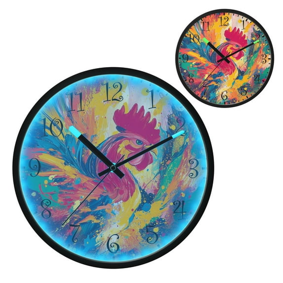 Voice Activated Clock with Glow Light 12 Inch Large Silent Wall Clock Battery Operated for Home Decor Colorful Painting Of A Rooster