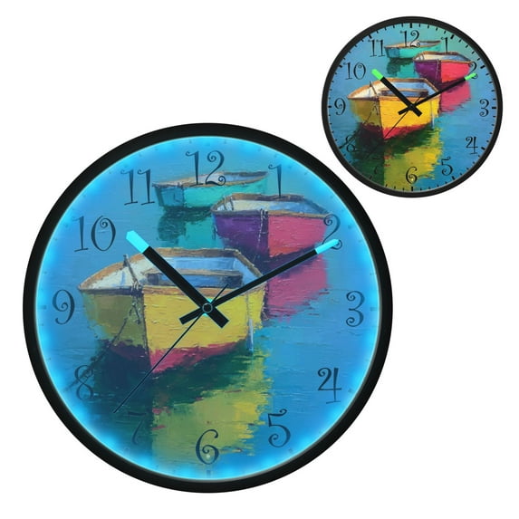 Voice Activated Clock with Glow Light 12 Inch Large Silent Wall Clock Battery Operated for Home Decor Colorful Row Boats
