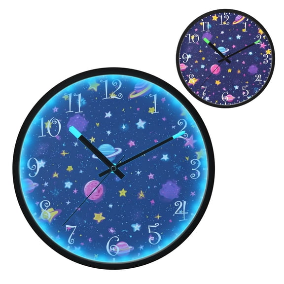 Voice Activated Clock with Glow Light 12 Inch Large Silent Wall Clock Battery Operated for Home Decor Colorful Stars and Planets Pattern