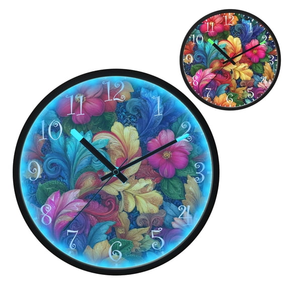 Voice Activated Clock with Glow Light 12 Inch Large Silent Wall Clock Battery Operated for Home Decor Colorful Swirls and Flowers