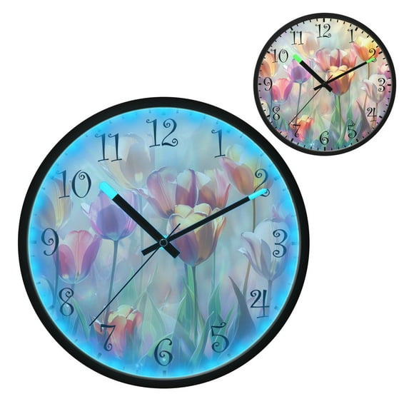 Voice Activated Clock with Glow Light 12 Inch Large Silent Wall Clock Battery Operated for Home Decor Colorful Tulips