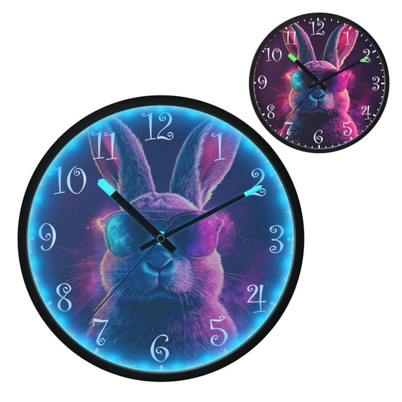 Voice Activated Clock with Glow Light 12 Inch Large Silent Wall Clock Battery Operated for Home Decor Cool Bunny with Sunglasses