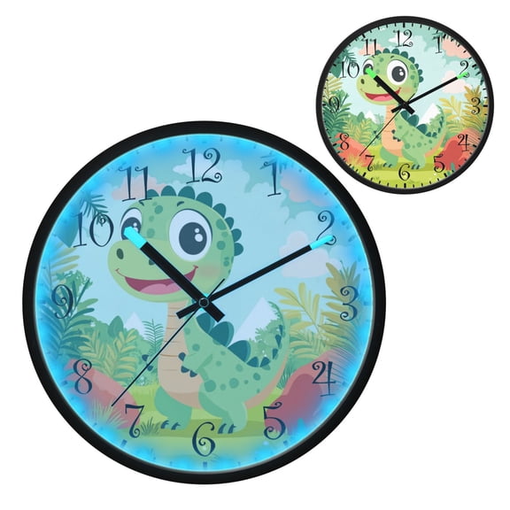 Voice Activated Clock with Glow Light 12 Inch Large Silent Wall Clock Battery Operated for Home Decor Cute Cartoon Dinosaur