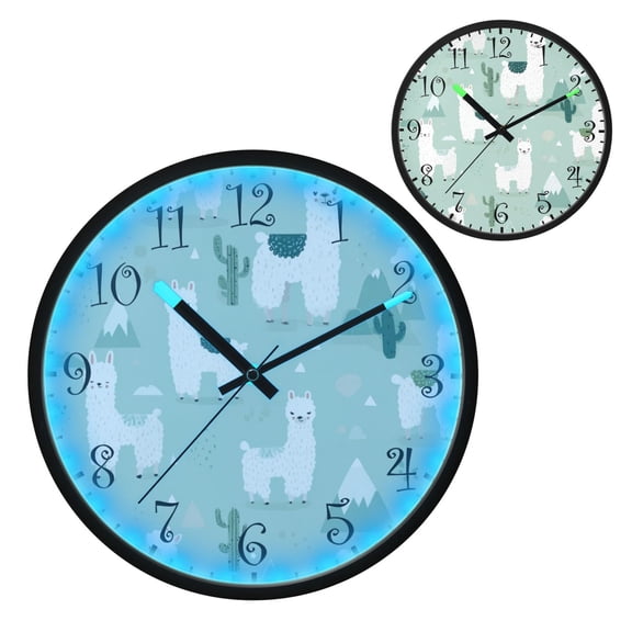 Voice Activated Clock with Glow Light 12 Inch Large Silent Wall Clock Battery Operated for Home Decor Cute Cartoon Llama Pattern