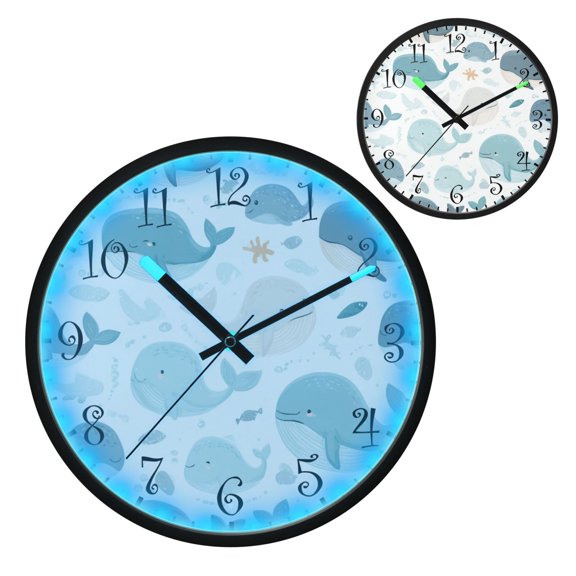 Voice Activated Clock with Glow Light 12 Inch Large Silent Wall Clock Battery Operated for Home Decor Cute Cartoon Whales