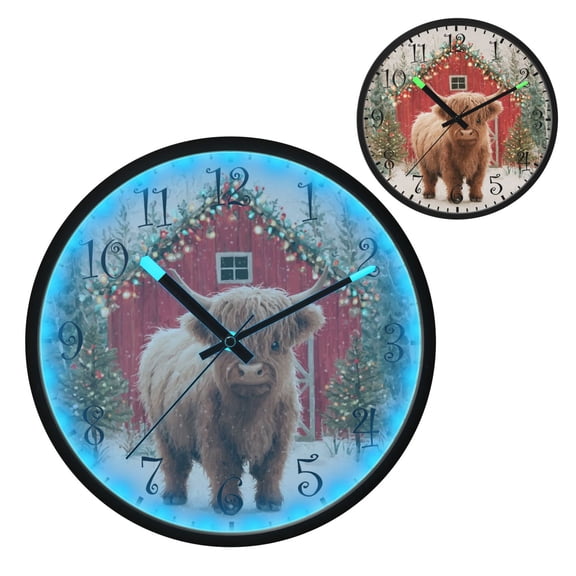 Voice Activated Clock with Glow Light 12 Inch Large Silent Wall Clock Battery Operated for Home Decor Cute Highland Cow Pattern