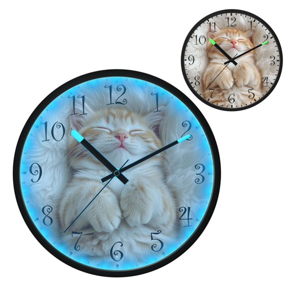 Voice Activated Clock with Glow Light 12 Inch Large Silent Wall Clock Battery Operated for Home Decor Cute Little Orange Cat