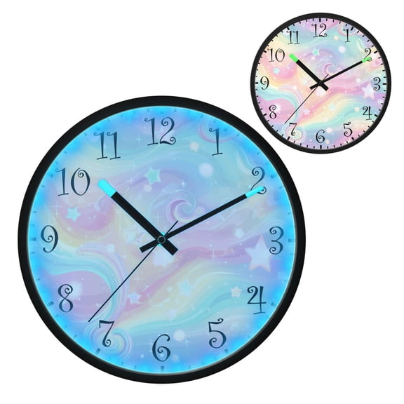 Voice Activated Clock with Glow Light 12 Inch Large Silent Wall Clock Battery Operated for Home Decor Cute Pastel Rainbow Background