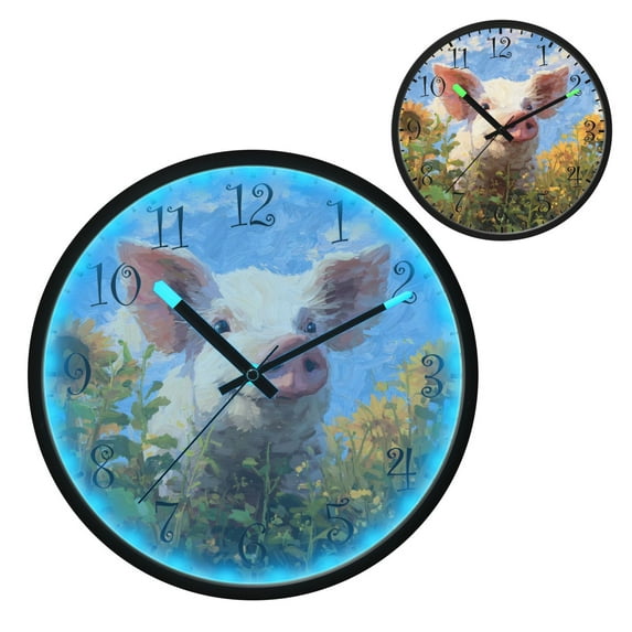 Voice Activated Clock with Glow Light 12 Inch Large Silent Wall Clock Battery Operated for Home Decor Cute Pig with Sunflower Field