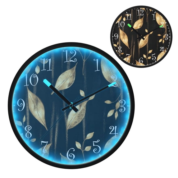 Voice Activated Clock with Glow Light 12 Inch Large Silent Wall Clock Battery Operated for Home Decor Delicate Gold Leaf Pattern