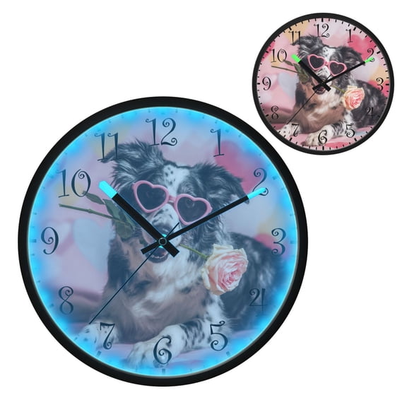 Voice Activated Clock with Glow Light 12 Inch Large Silent Wall Clock Battery Operated for Home Decor Dog Holding A Rose