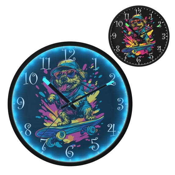 Voice Activated Clock with Glow Light 12 Inch Large Silent Wall Clock Battery Operated for Home Decor Dog Riding on A Skateboard