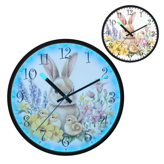 Voice Activated Clock with Glow Light 12 Inch Large Silent Wall Clock Battery Operated for Home Decor Easter Bunny and Chicks
