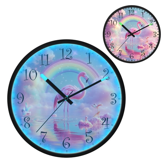 Voice Activated Clock with Glow Light 12 Inch Large Silent Wall Clock Battery Operated for Home Decor Flamingo in The Water