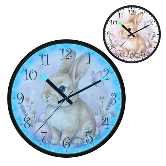 Voice Activated Clock with Glow Light 12 Inch Large Silent Wall Clock Battery Operated for Home Decor Fluffy Light Brown Bunny