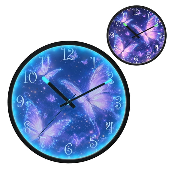 Voice Activated Clock with Glow Light 12 Inch Large Silent Wall Clock Battery Operated for Home Decor Fluttering Fluorescent Butterflies