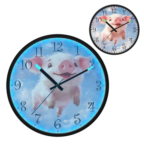 Voice Activated Clock with Glow Light 12 Inch Large Silent Wall Clock Battery Operated for Home Decor Flying Cute Pig