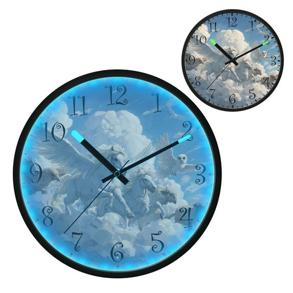 Voice Activated Clock with Glow Light 12 Inch Large Silent Wall Clock Battery Operated for Home Decor Flying Horses and Sheep